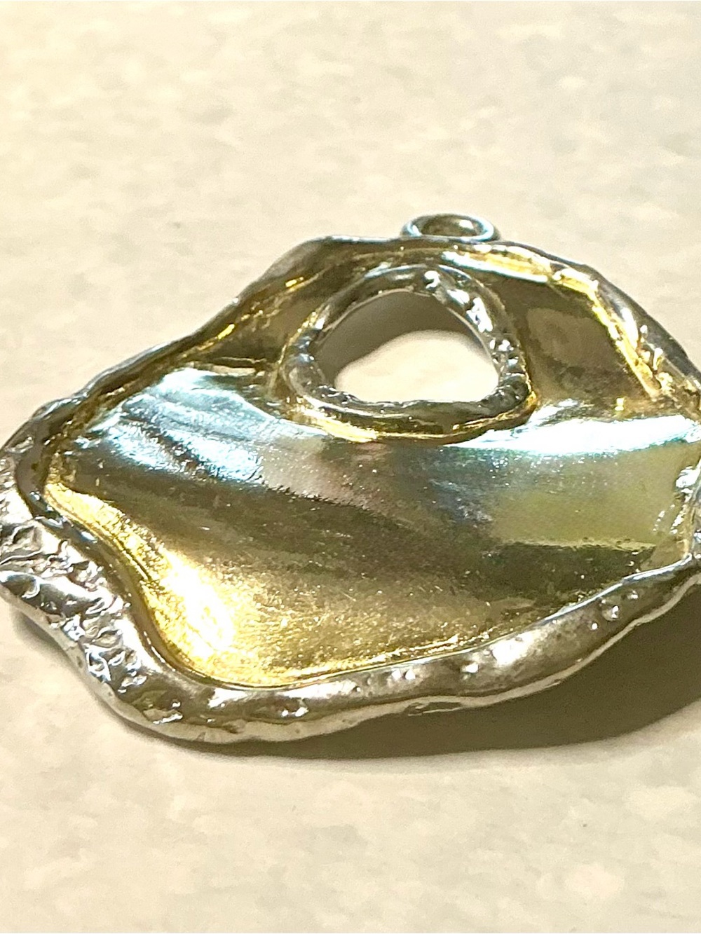 Vintage Talisman Inspired Brutalist Hammered 2-Tone Metal Abstract Pendant 1980s